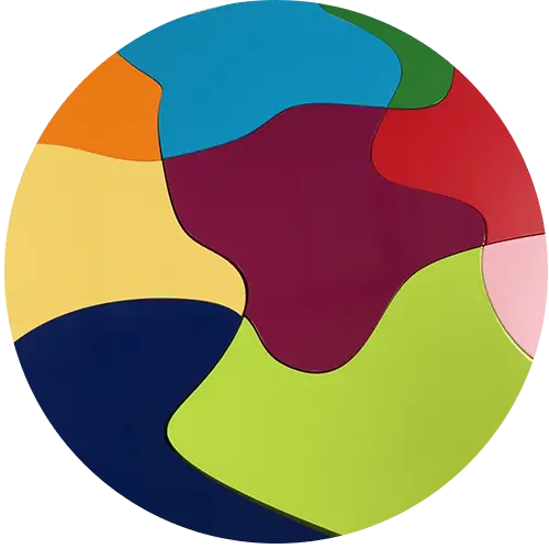 morceaux de puzzle en komacel laqués de différents coloris, bleu, orange, rouge, vert, rose